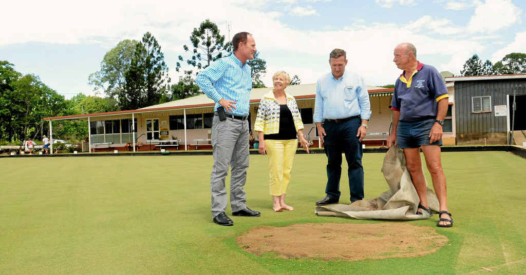 National Parks, Recreation, Sport and Racing Minister Steve Dickson views the flood damage at Kandanga Bowls Club with Member for Gympie David Gibson (centre), club treasurer Julie Worth and greens director Tom Marshall. National Parks, Recreation, Sport and Racing Minister Steve Dickson views the flood damage at Kandanga Bowls Club with Member for Gympie David Gibson (centre), club treasurer Julie Worth and greens director Tom Marshall.